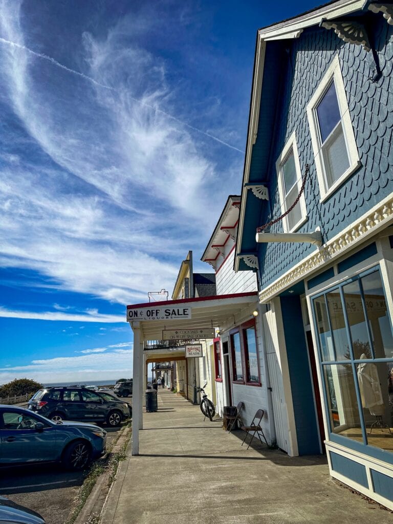 Downtown Mendocino street with historic blue and white buildings under a vivid sky