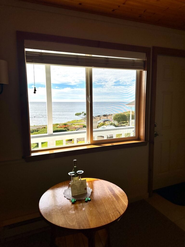Ocean view from a cozy room window at Sea Rock Inn in Mendocino