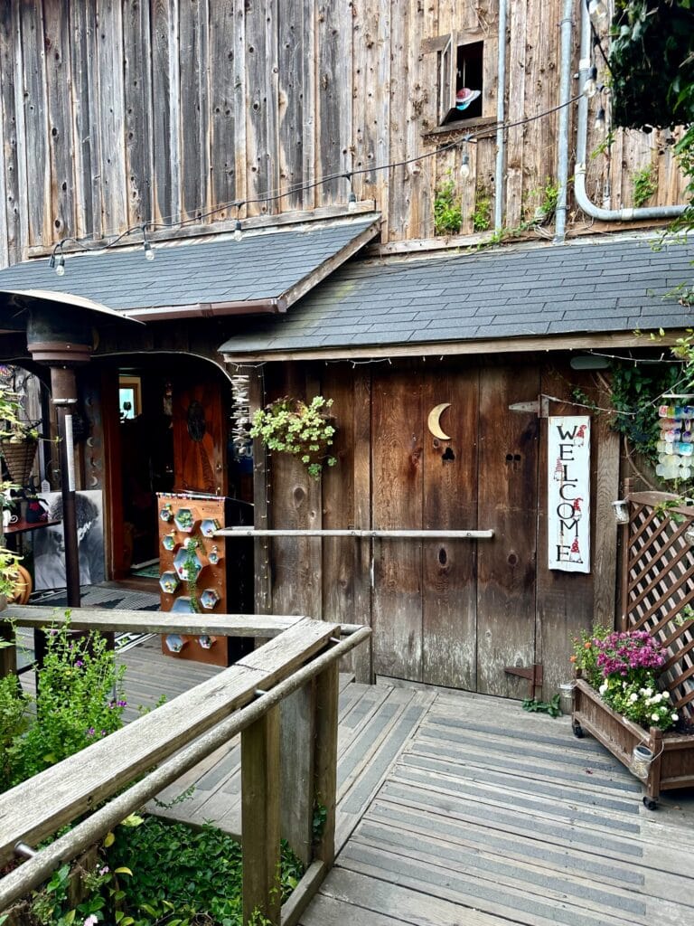 Exterior of Luna Trattoria, a rustic Italian restaurant in Mendocino with wood siding