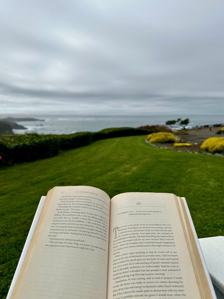 Open book with ocean view from an Adirondack chair on a foggy Mendocino morning