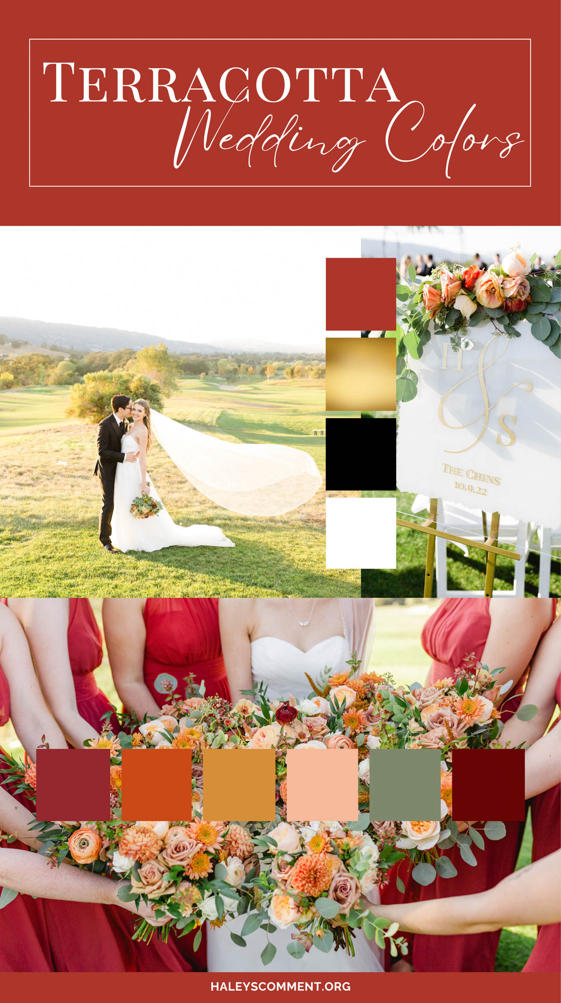 Terracotta wedding color palette with white, black, and gold, and a secondary floral palette with burnt orange, peach, eucalyptus, and plum