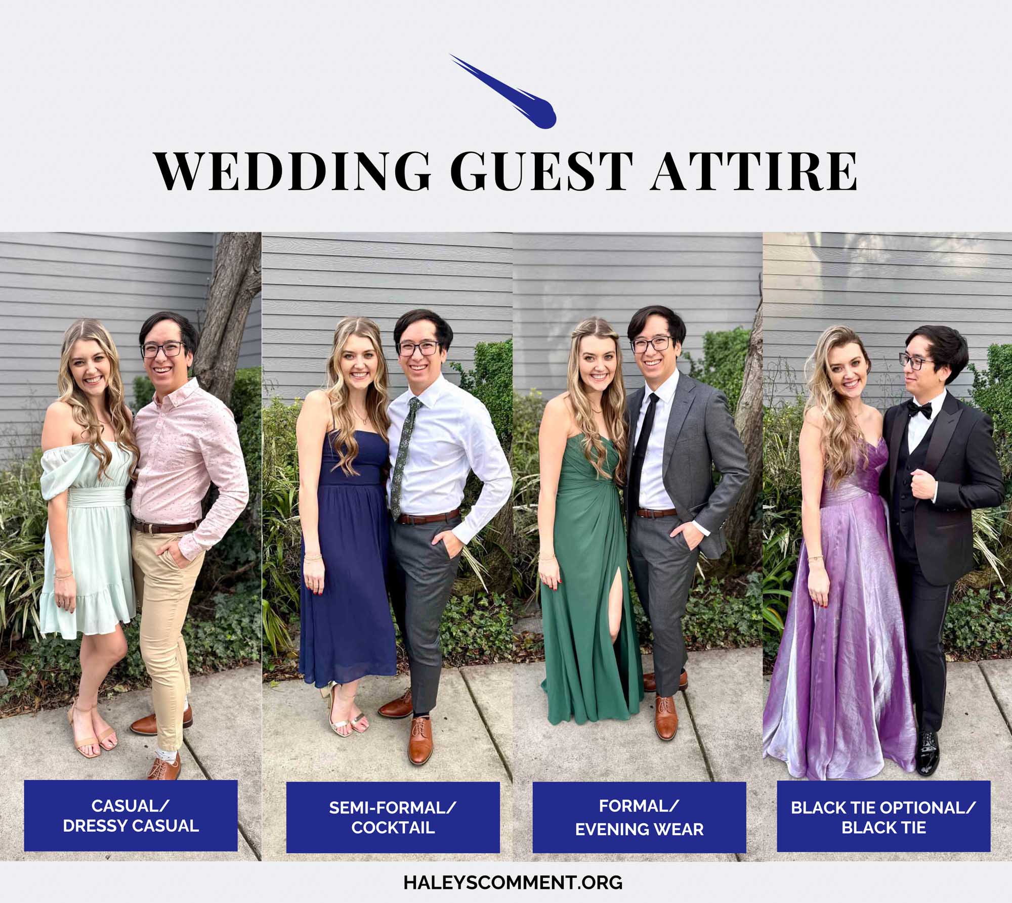 Wedding guest attire infographic with a couple featuring casual/dressy casual, semi-formal/cocktail, formal/evening wear, and black tie optional/black tie attire options