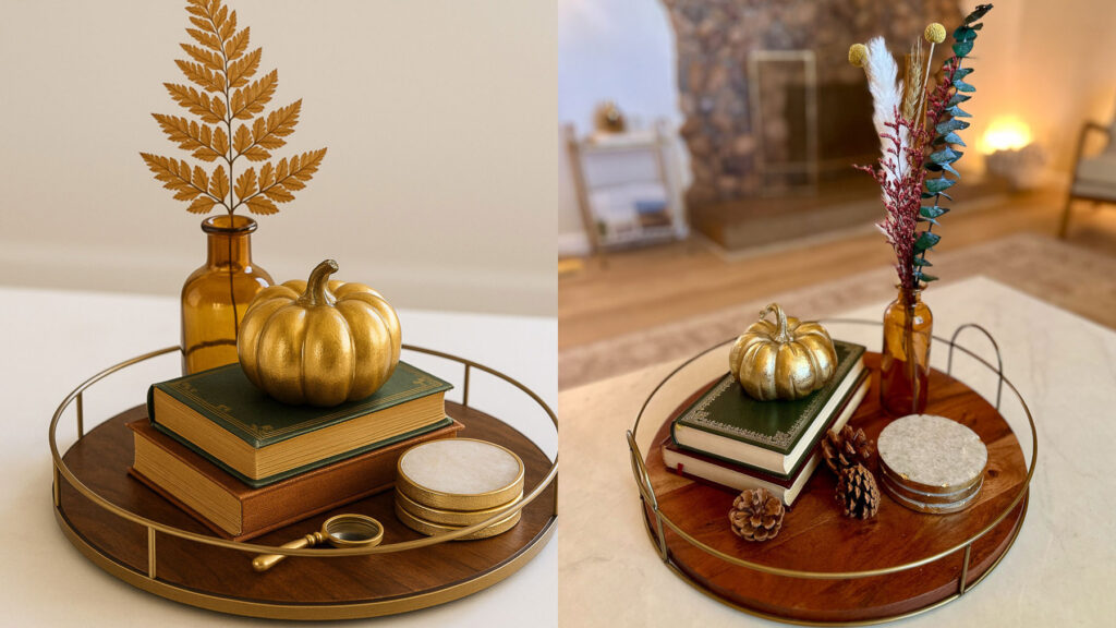 Side-by-side fall coffee table decor styled by AI versus real life. Left: AI-generated tray with gold pumpkin, amber vase with tall fern stem, stacked books, and coasters. Right: real coffee table tray styled with gold pumpkin, books, pinecones, and dried floral stems for a cozy autumn look.