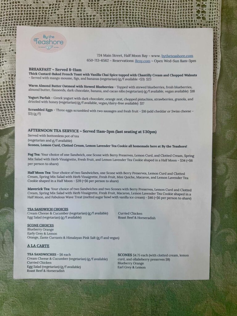 Printed menu from By the Teashore listing breakfast and afternoon tea service options.
