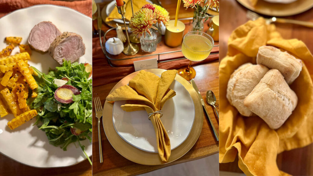 Collage of fall dinner party menu highlights: pork tenderloin with roasted butternut squash and salad, a gold-rimmed place setting with ochre napkin and cocktail, and a basket of fresh dinner rolls.