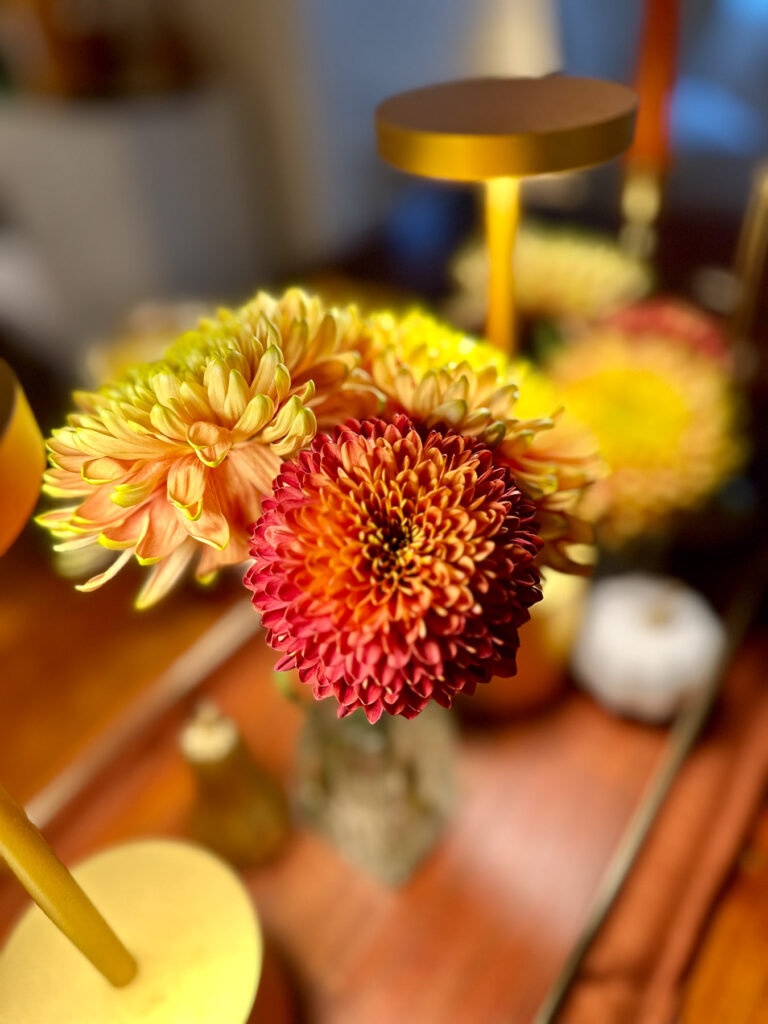 Close-up of yellow and red mums in a glass bud vase with gold accents for autumn décor.