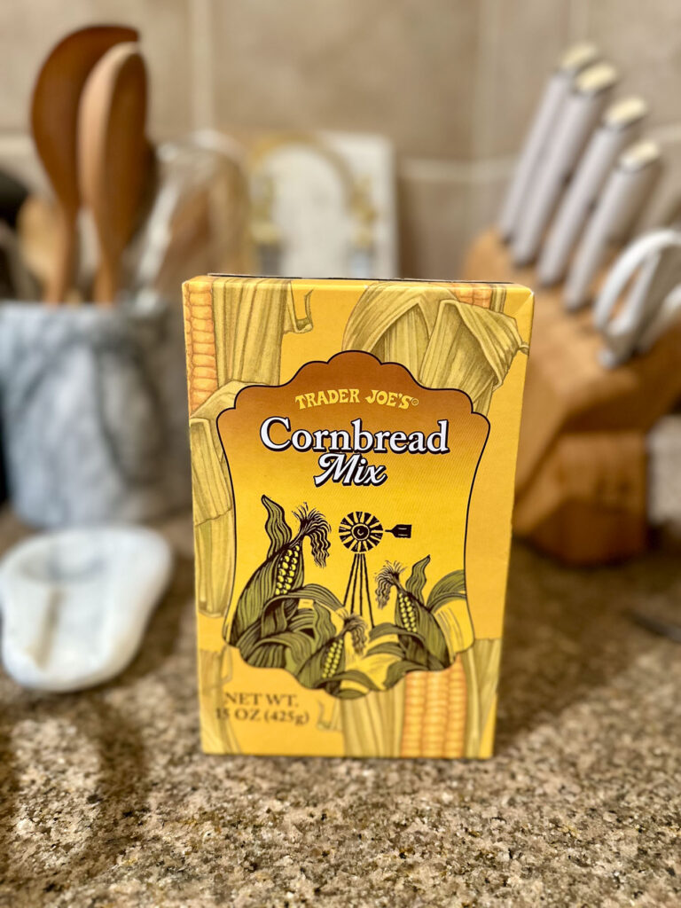 Box of Trader Joe’s Cornbread Mix displayed on a counter.