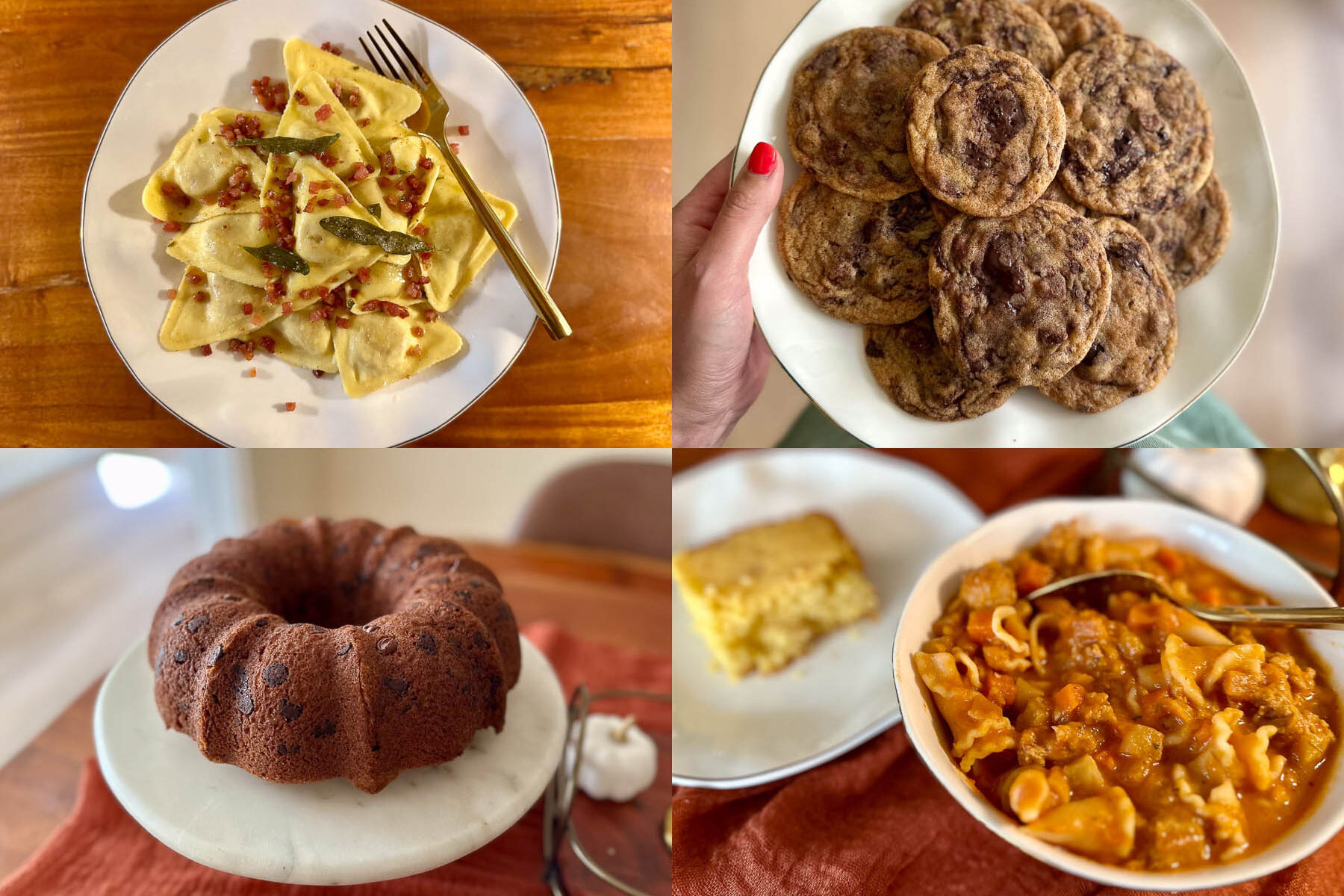 Collage of four Trader Joe’s fall recipes: butternut squash ravioli with sage and pancetta, chocolate chip pumpkin Bundt cake on a cake stand, chewy pumpkin butter chocolate chip cookies, and hearty autumnal harvest soup with cornbread on the side.