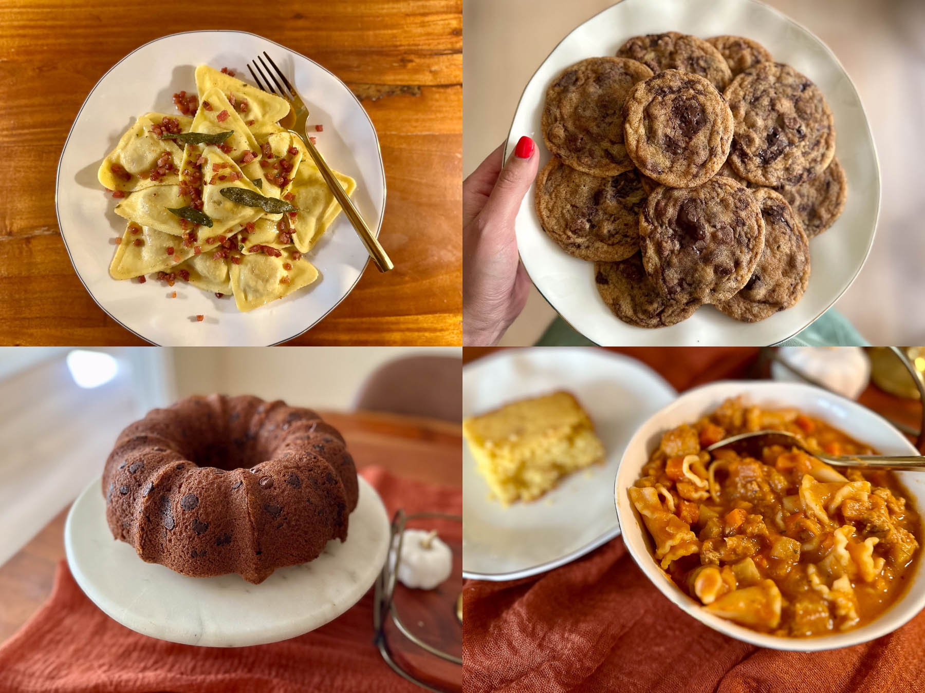 Collage of four Trader Joe’s fall recipes: butternut squash ravioli with sage and pancetta, chocolate chip pumpkin Bundt cake on a cake stand, chewy pumpkin butter chocolate chip cookies, and hearty autumnal harvest soup with cornbread on the side.