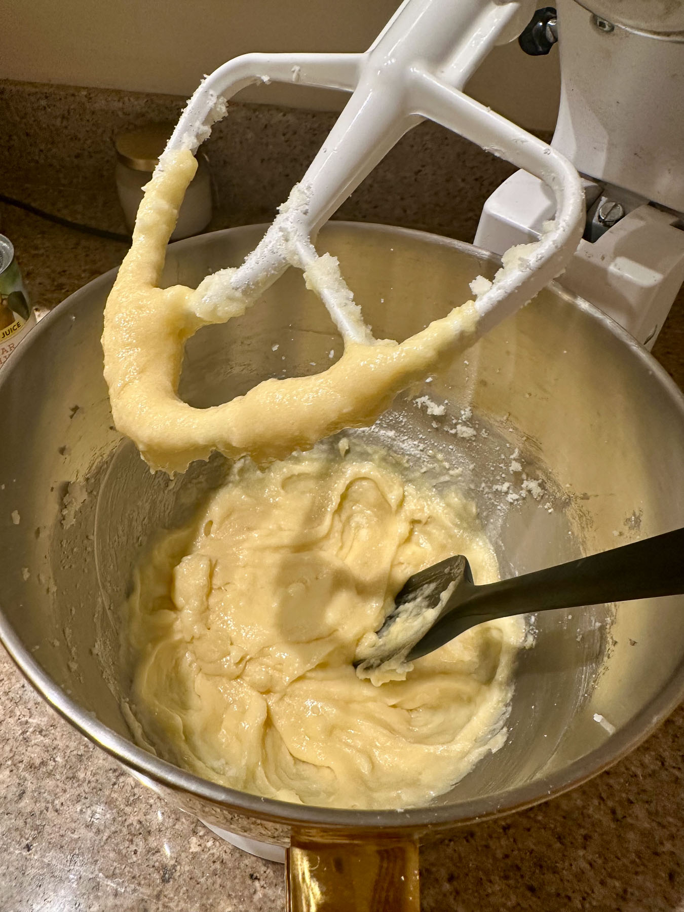 Butter, sugar, flour, eggs, and vanilla creamed together in a mixer for the pear pie topping.