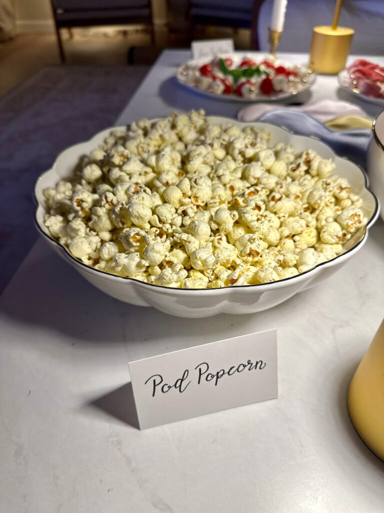 Bowl of popcorn labeled “Pod Popcorn” as a Love Is Blind themed snack for a watch party.
