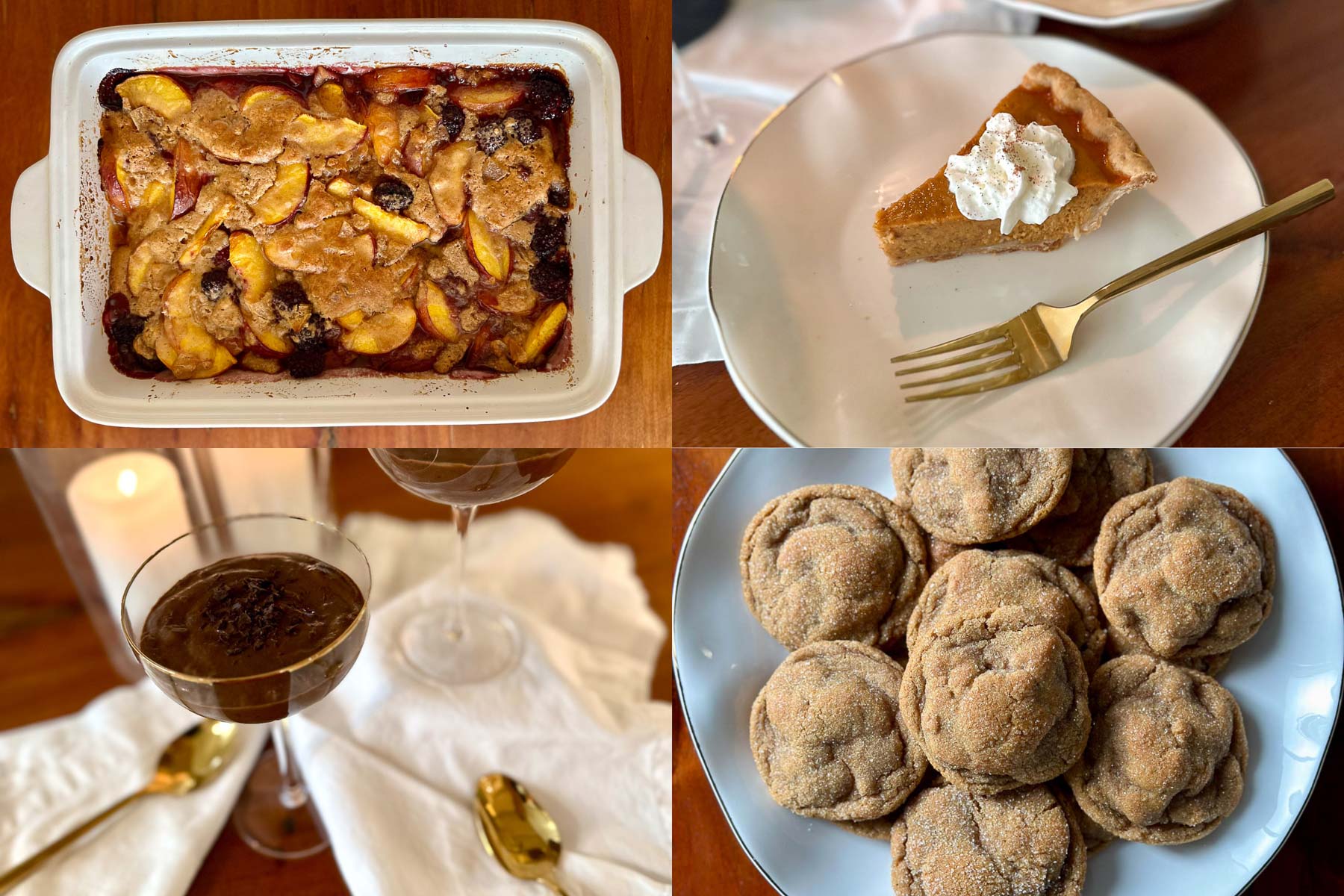 Collage of Thanksgiving make-ahead desserts on a wooden table including pumpkin pie, molasses cookies, chocolate pudding in coupe glasses, and a ginger-blackberry peach cobbler.