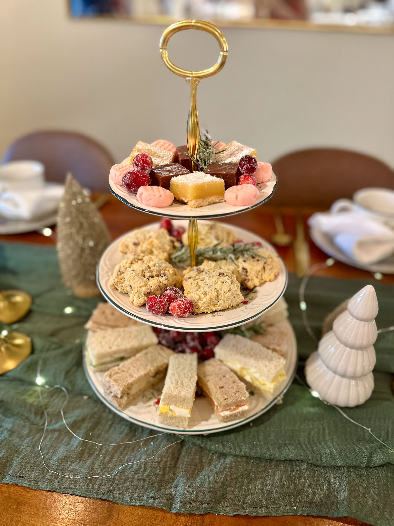 Tiered tray filled with tea sandwiches, scones, fudge, and holiday sweets