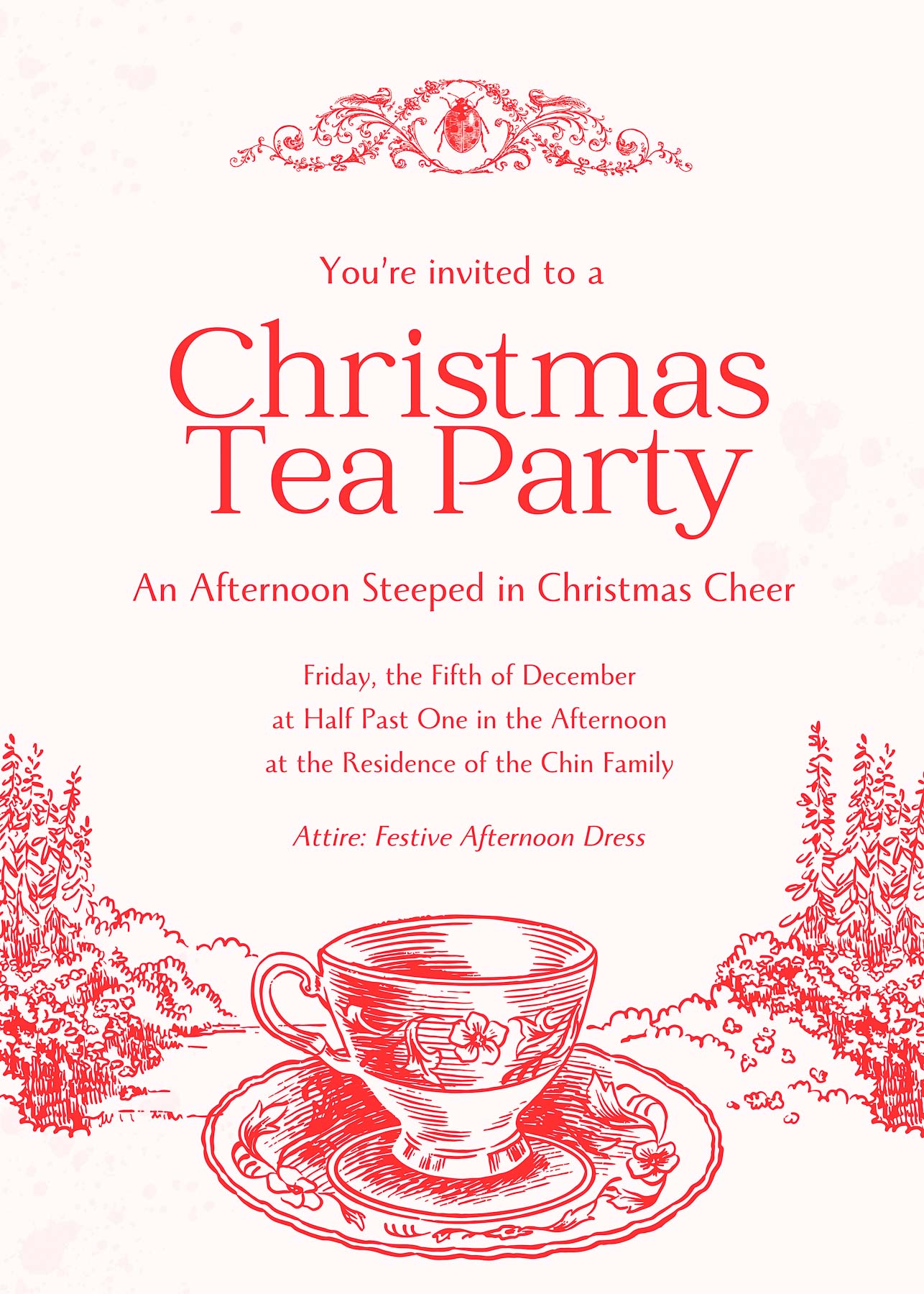 Christmas tea party invitation with vintage red illustration, teacup artwork, and festive typography