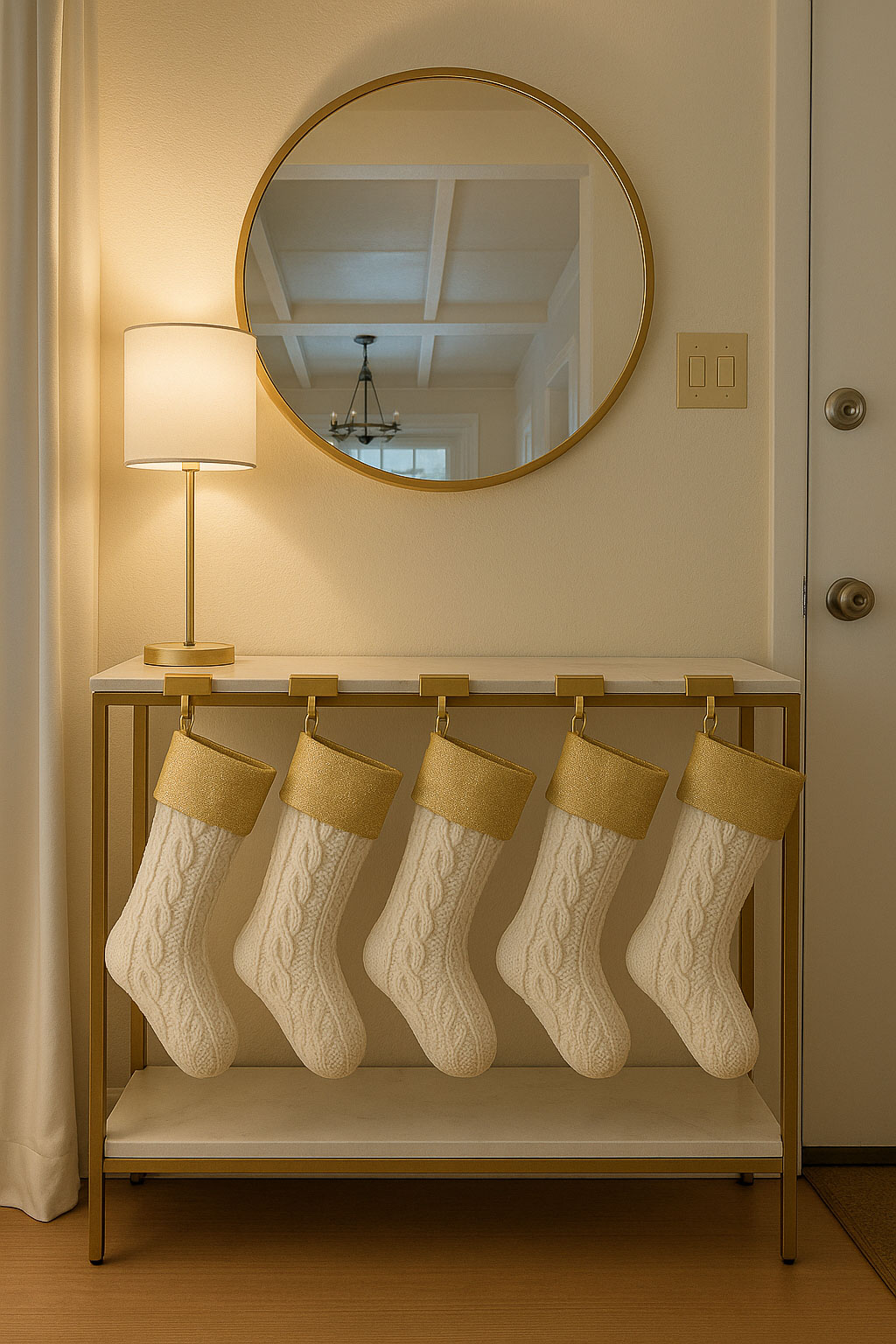 Five knit Christmas stockings hanging from a gold console table in an entryway