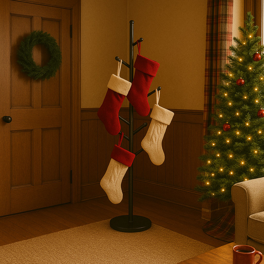Christmas stockings hanging from a coat rack tree in a living room corner