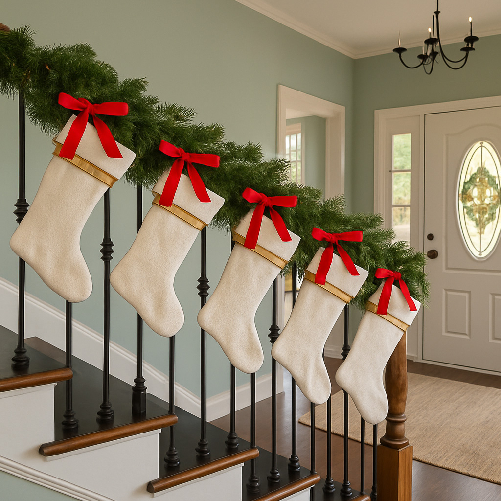 Christmas stockings hung along a stair railing with greenery and red bows