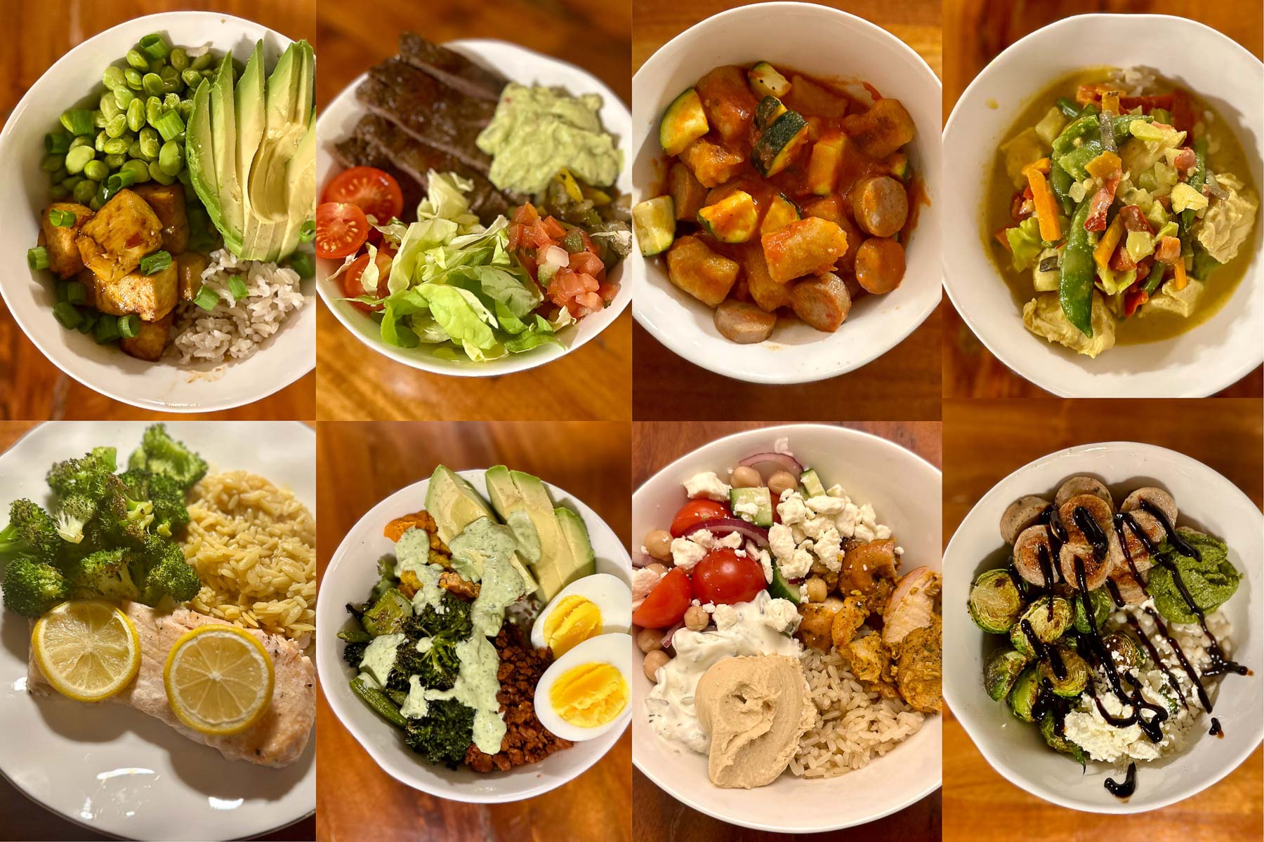 Collage of eight healthy Trader Joe’s meals in white dishes, all served on a wood table. Dishes include: tofu avocado rice bowl; carne asada burrito bowl with guacamole and pico de gallo; cauliflower gnocchi with sausage and zucchini; yellow curry with vegetables and chicken; baked salmon with lemon, orzo, and broccoli; bowl with plant-based chorizo, roasted broccoli, avocado, and egg; Mediterranean chicken shawarma bowl with rice, hummus, chickpeas, and veggies; and a Brussels sprouts bowl with sausage, mashed potatoes, feta, and balsamic glaze.