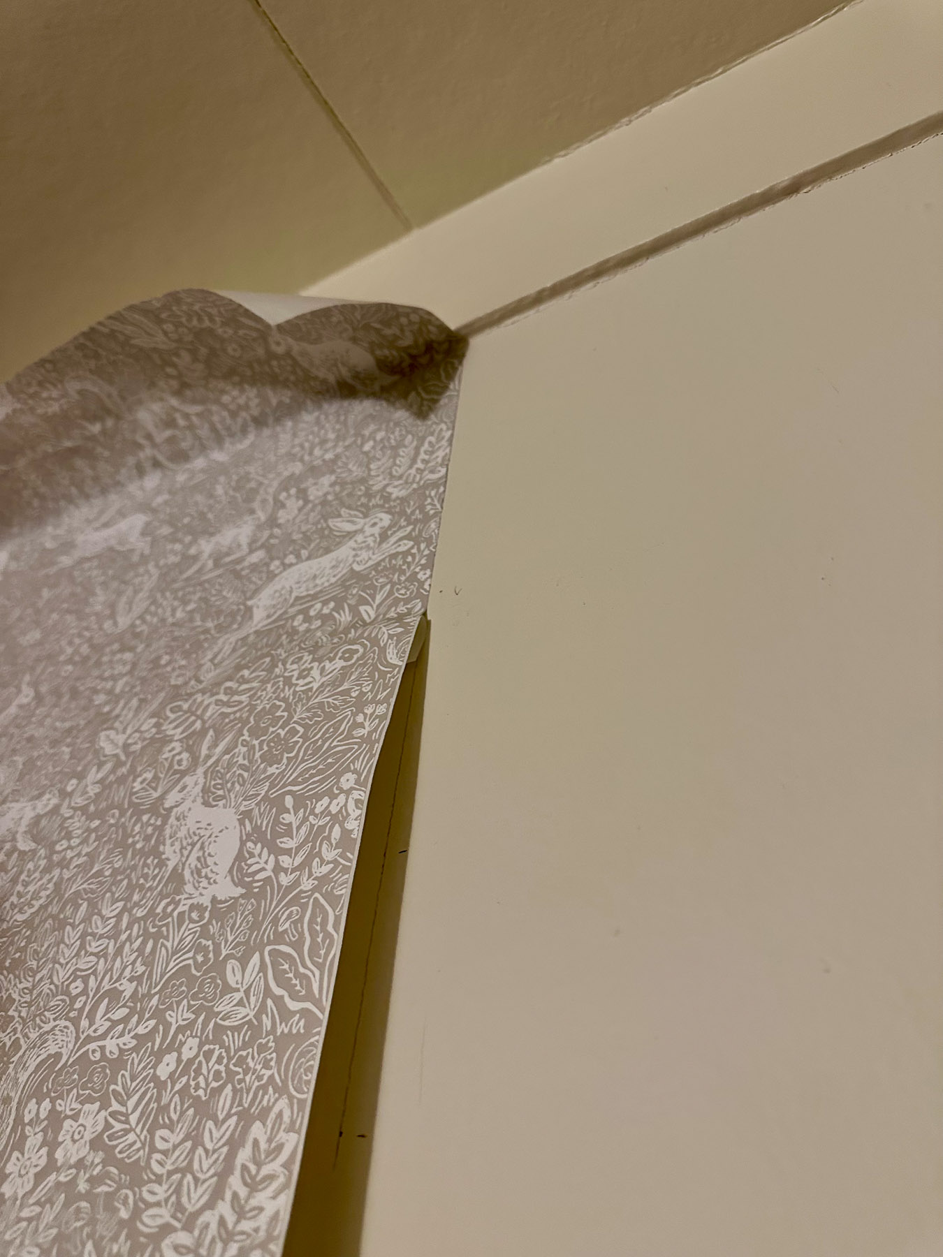 Peel-and-stick wallpaper panel with vertical level line penciled underneath