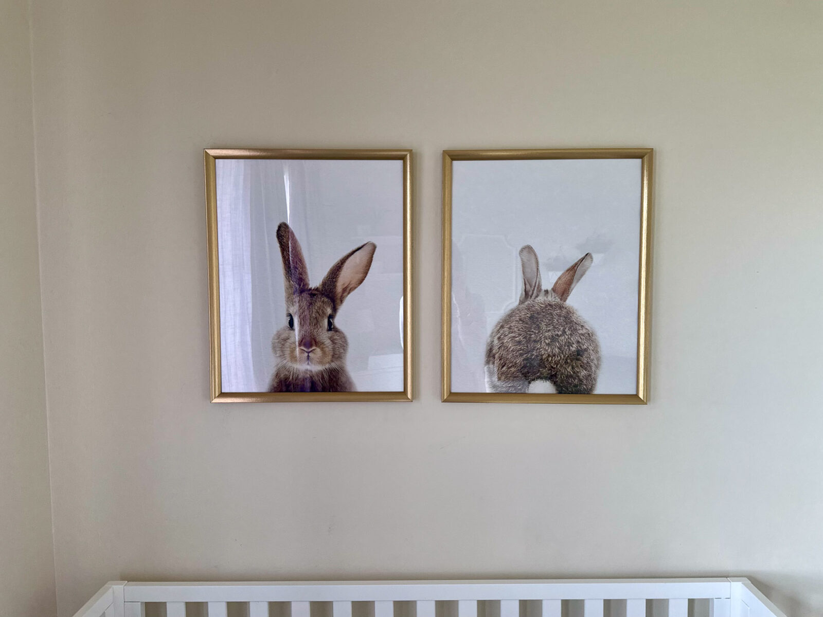 Nursery wall decor with framed rabbit prints above a white crib.