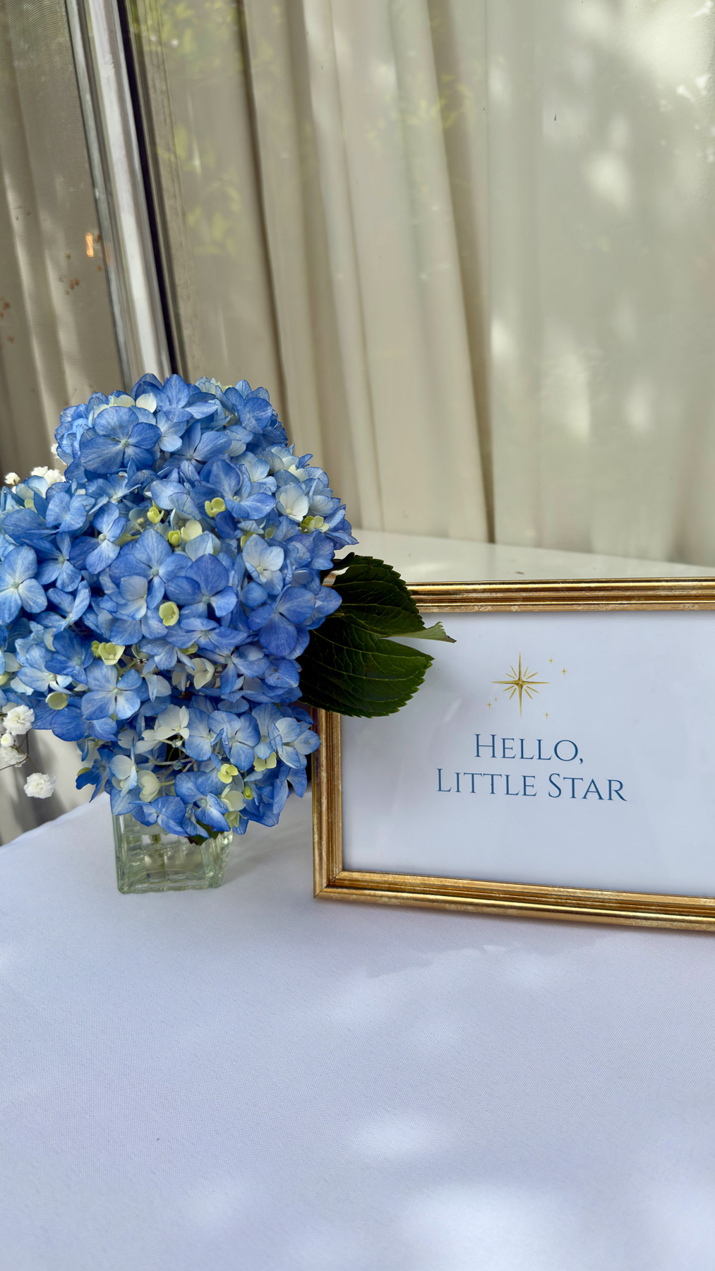 “Hello Little Star” baby shower sign with blue hydrangea decor