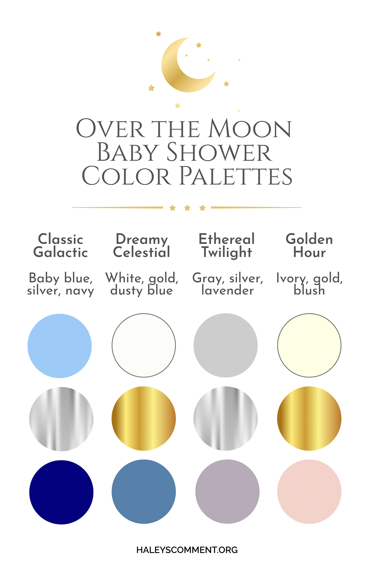Over the Moon baby shower color palette ideas with four different color options including gold, silver, blue, and neutrals.