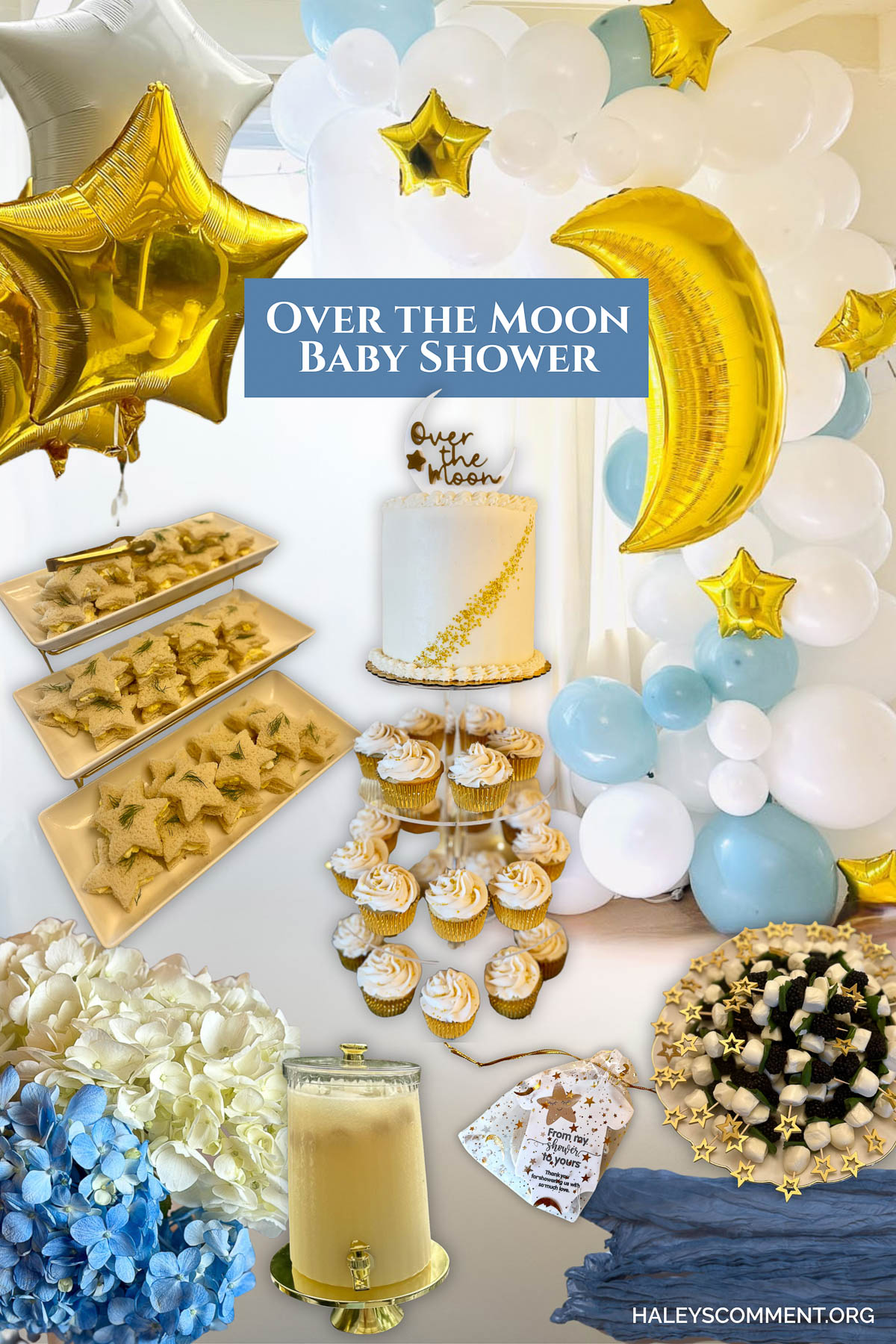 Over the Moon baby shower mood board including cake, apps, desserts, balloons, favors, and drink station