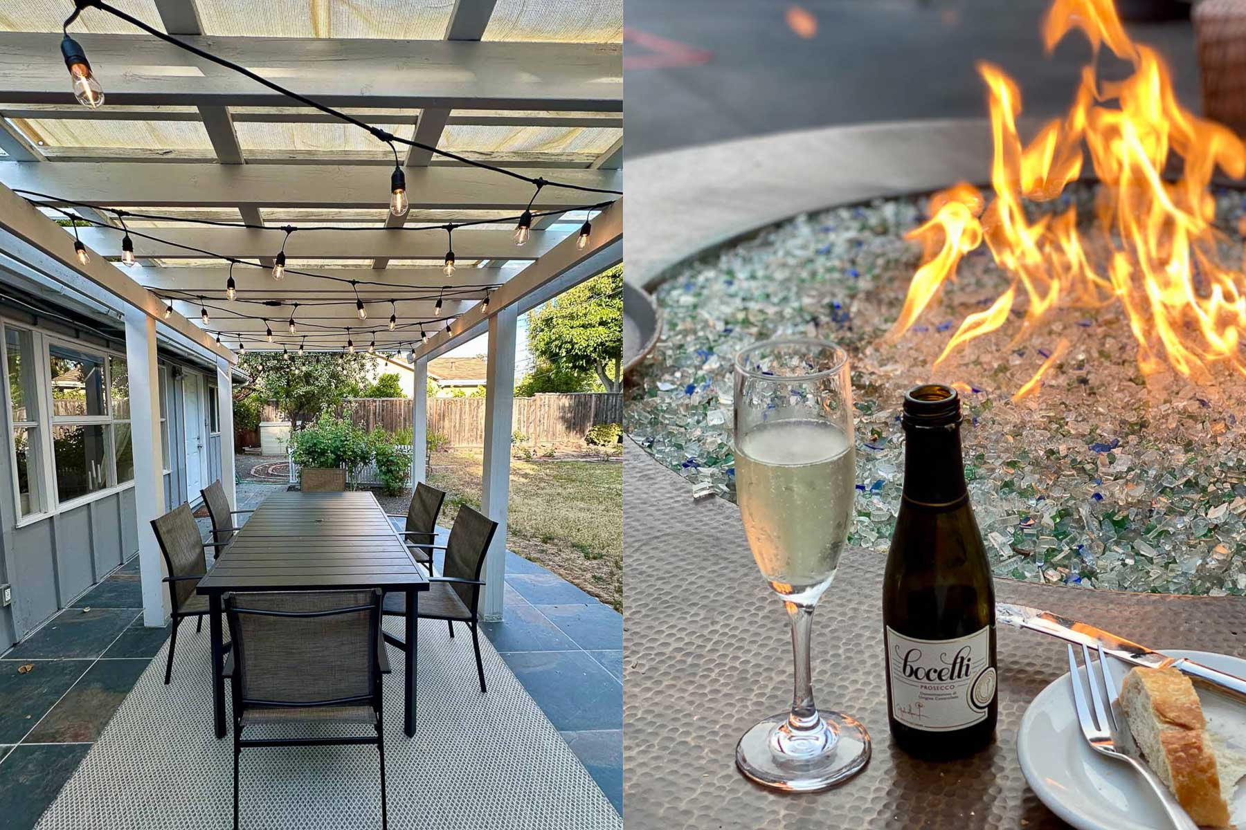 A collage showing backyard entertaining ideas: a patio dining set under a pergola with string lights and an outdoor rug, and a close-up of a fire pit with a glass of prosecco and bread.