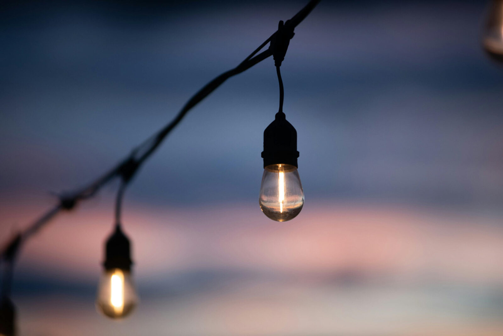 Warm Edison-style outdoor string light bulbs glowing against a soft sunset sky.