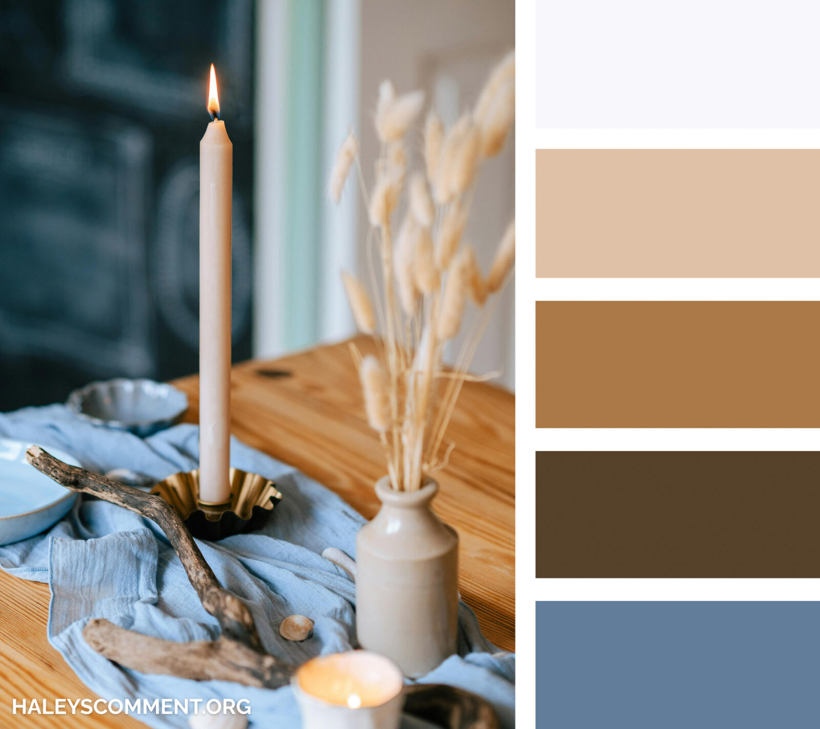 A coastal color palette with a coastal summer table setting featuring a tall taper candle, a piece of driftwood, and dried botanicals on a soft blue linen runner, along with swatches of white, sand beige, warm brown, dark brown, and soft sea blue.